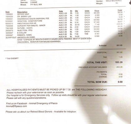 This is the amount that I paid for the huge cyst in his testicular area that ruptured $553.29 compared to $1520.42.