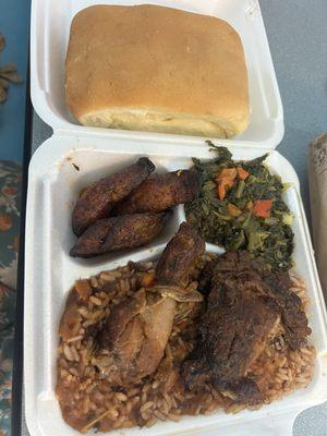 Stewed chicken lunch special with rice and beans, collards, a side of plantains and coco bread.