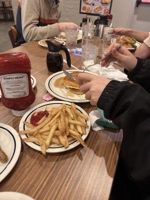 Pancake and fries.  Comfort food for the weary.