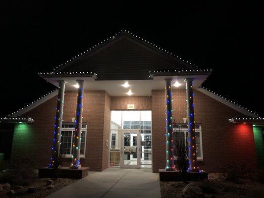 The office decorated for Christmas.