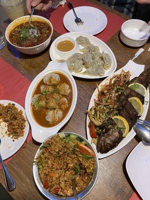 Mutton Chau Chau, steamed momo, jhol momo, whole fried fish