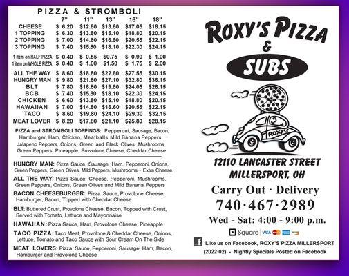 This is the Official Menu of Roxy's Pizza for 2022, Updated 2022-01-22, pg 1