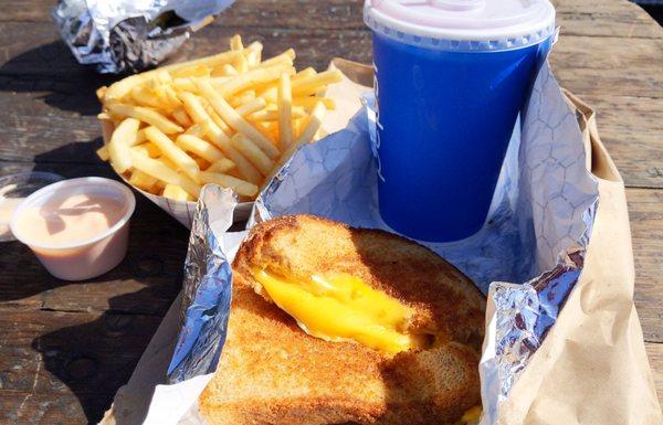 Grilled cheese, fries, fry sauce and a blackberry shake