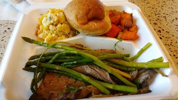 Flank steak with asparagus, roasted Root veggies and cauliflower au gratin.