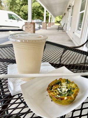 Chocomuss Shake w a shot of espresso $9 Yum! Mini artichoke quiche $4 Card board straw