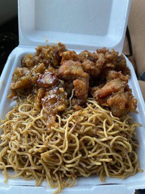 Chowmein, orange chicken, mochiko chicken