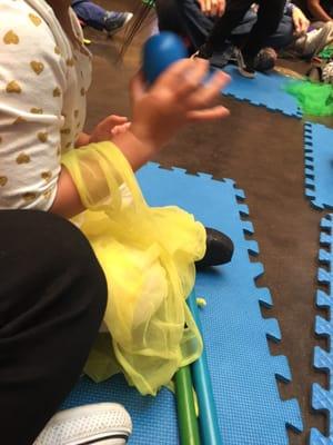 Scarves, shakers, and sticks for a multi-sensory story time! Please one egg per child!