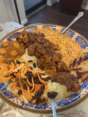 Lamb, chicken, potato, rice, spaghetti