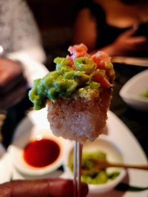 Crispy rice with both tuna and avocado on top