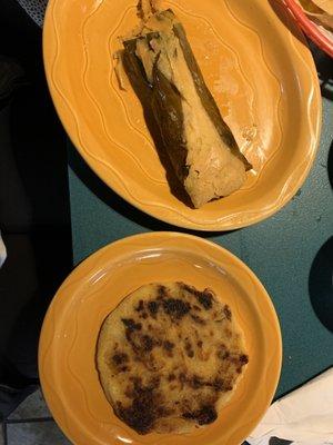 Pork, bean and cheese pupusa and chicken tamale. Both wonderful!