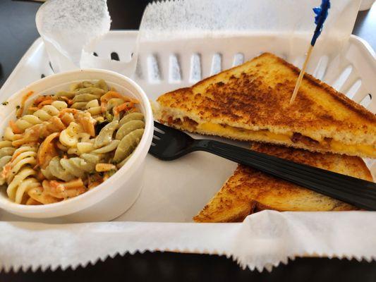 Excellent grilled cheese & bacon sandwich with pasta salad.