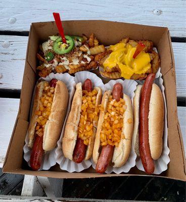 Hot dogs, cheese fries, and bacon ranch fries