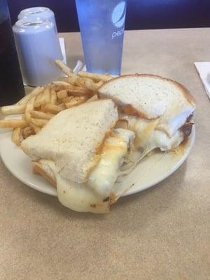 Steak sandwich with pizza cheese & fries