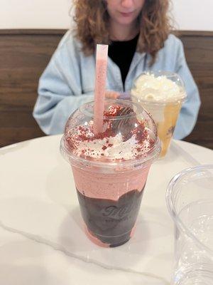 Red velvet cupcake milkshake and bananas foster milkshake