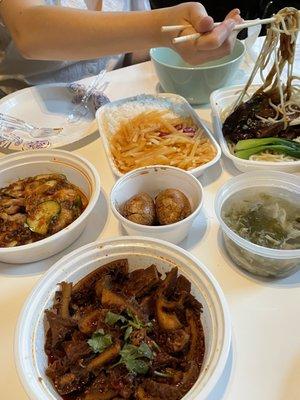 About $46: Beef Tripe in Chili Sauce, Pork Belly, Tea Egg, Shredded Potato Combo & Soup, Beef Noodle Soup, Lamb Skewer