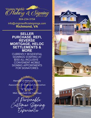 Real Estate at-home & field notary public signings. Refinance, Purchases, Reverse Mortgage, HELOCs, and settlements