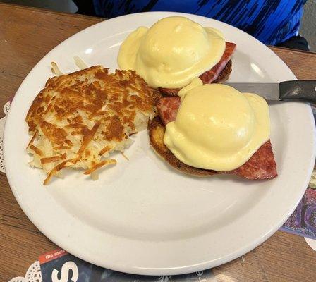 Eggs Benedict, with firm eggs ( ugh) and the so-called home fries skimpy and undercooked in center. Terrible awful coffee to boot.