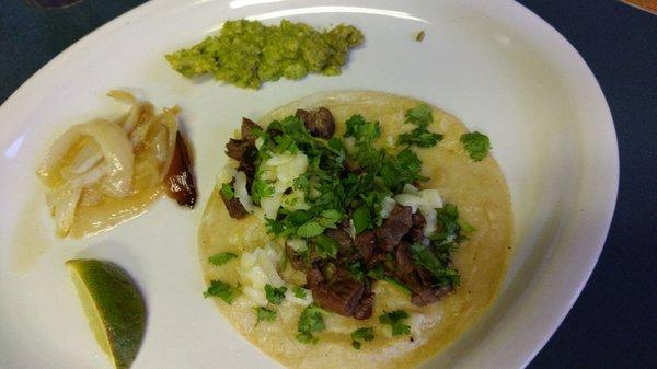 Taco pastor: beef!  with melty cheese! and guacamole!  Just wrong on so many levels, but it did taste okay.