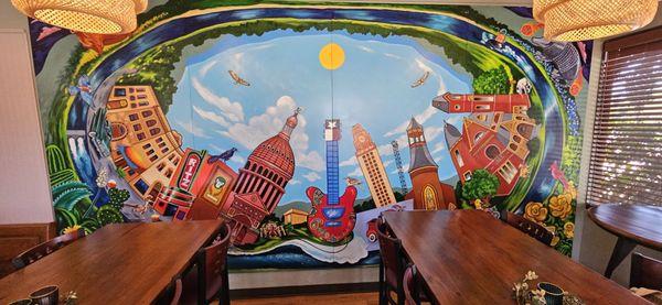 Nice decor with this terrific Austin theme mural.