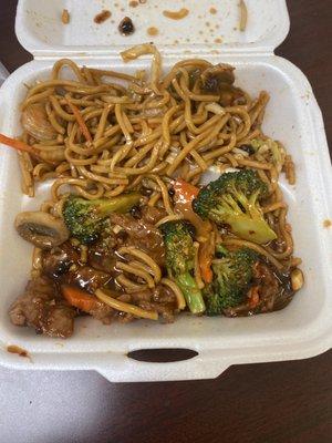 Wanna be hunan beef and shrimp lo mein