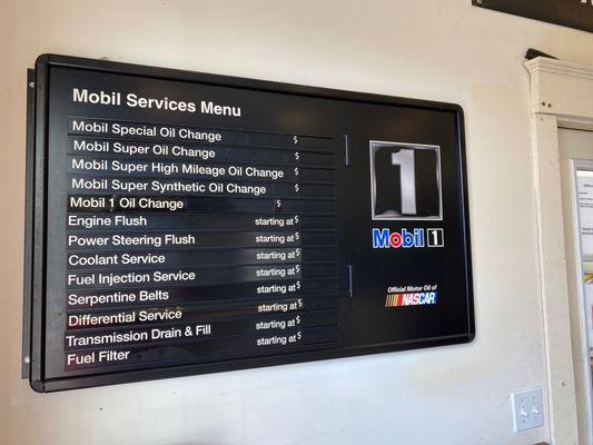 The oil change menu