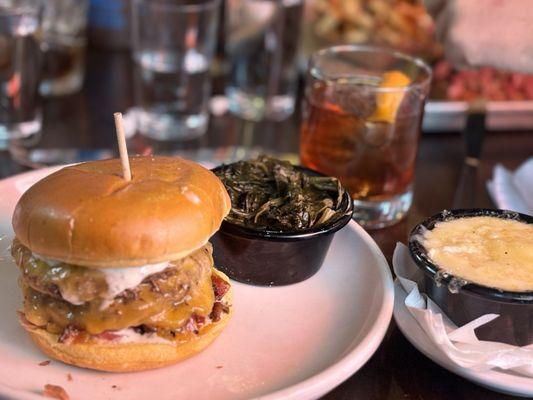 Wagyu brisket Burger, collard greens and grits. Whiskey.