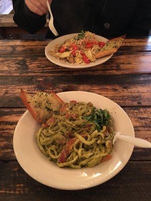 Vegan pesto (front) and artichoke capellini (back)