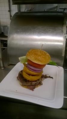 this MESHUGNNAH burger is insane,,,,,10 oz burger with grilled pastrami ,,,too good to resist