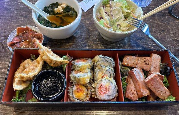 Dinner Bento Box with Crazy Boy sushi and tuna steak.