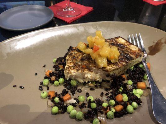 Swordfish with pineapple and black rice