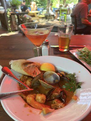 Seafood stew, strawberry gimlet