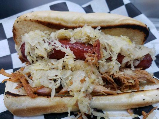 Loaded Dog A Nathan's Hot Dog with Juicy, Smoked Pulled Pork and Sauerkraut on a Toasted Oversized Bun. $8.00