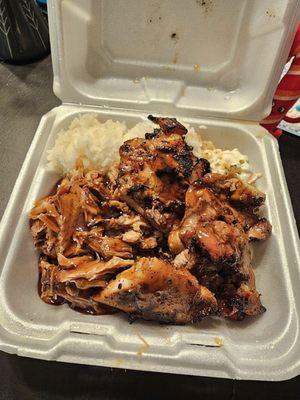 Regular Plate; White Rice, Teriyaki Chicken, Mac Salad and Kalua Pork.   Regular - 2 Choice Kalua Pig Macaroni Salad - Scoop Rice Chicken