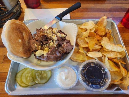 French dip with blue cheese crumbles and pub chips