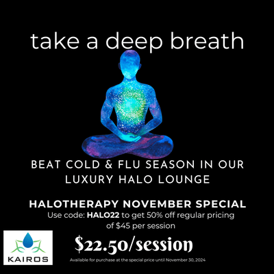 November Special! Use code: HALO22 to get 50% your halotherapy sessions.  Discount code available until November 30, 2024.