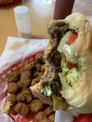 Cheeseburger and fried okra.