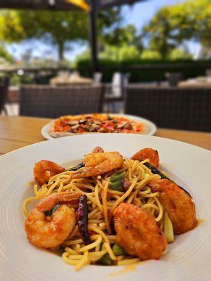 Kung Pao Spaghetti and  Mushroom Pepperoni Sausage in background