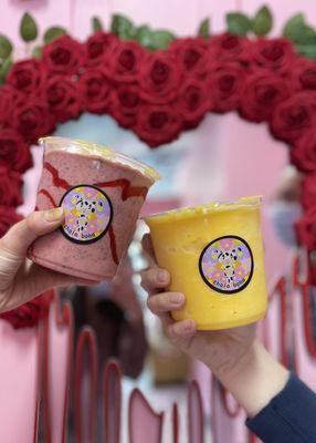 Strawberry Smoothie with Crushed Oreo and Strawberry Jam/Syrup Drizzle (Left) and Mango Smoothie (Right)