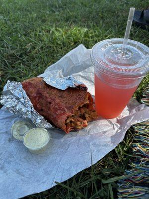 lit lunch chicken burrito, strawberry lemonade, and secret sauce.