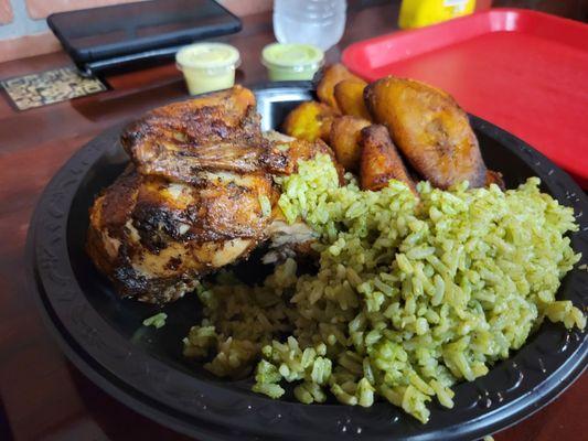 Charcoal Chicken, Green Rice, and Plantains