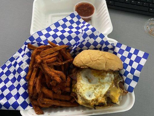 Breakfast Burger and sweet potato fries