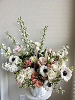 Large white and blush sympathy flower arrangement