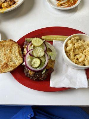 Bacon cheeseburger with Mac & cheese.