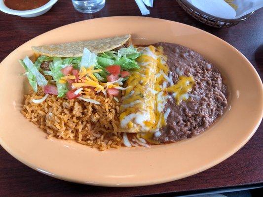 Shredded beef taco and enchilada.