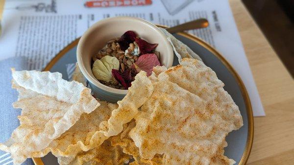 Summer vegetable and artichoke dip with crispy rice