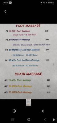 Foot massage and chair massage menu and priced