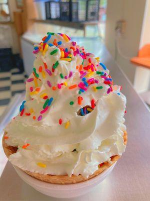 Waffle bowl sundae with whipped cream and sprinkles. Wow!