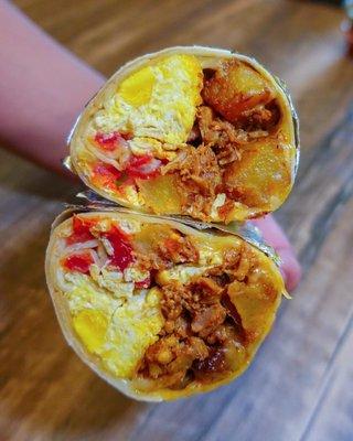 Al pastor breakfast burrito- pair with habanero sauce and you've got ooooweee yum!! ~Seattle.food.diva