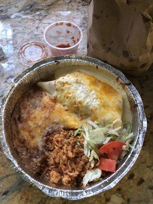 Chicken burrito...Spanish rice and refried beans... Excellent