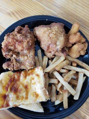 Thurs - July 30, 2020 how items looked on my plate, Pizza, Chicken, Fries, and cauliflower.